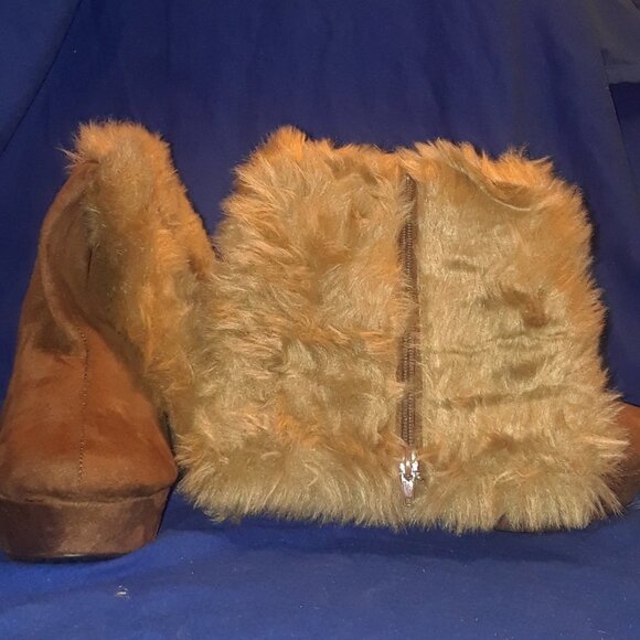Pointed Toe Platform Wedge Heels Faux Fur Half Boots - Picture 1 of 6